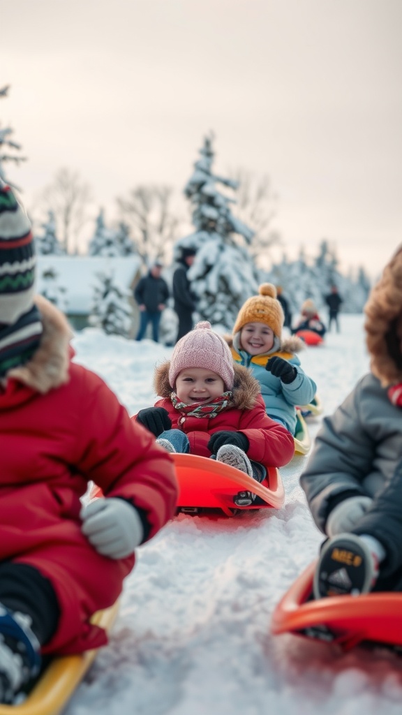 Children sledding down a snowy hill, wearing colorful winter clothing.