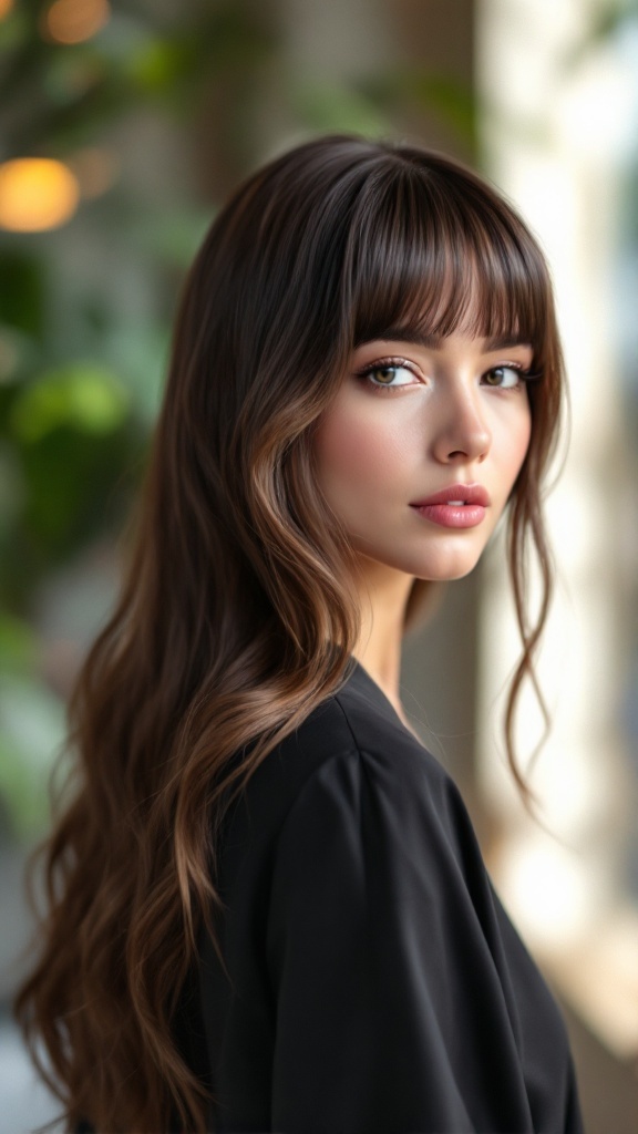 A woman showcasing a half up half down hairstyle with bangs, looking sleek and polished.