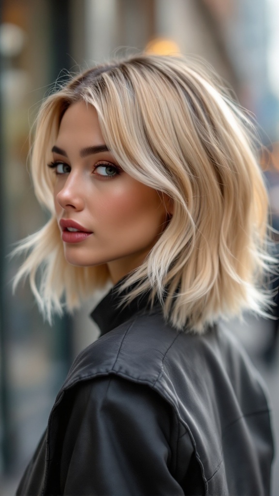 A woman with short blonde hair styled in a half up half down look, showcasing sleekness and polish.