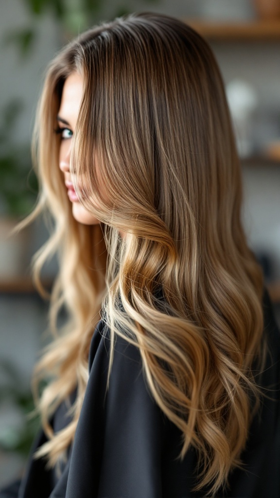 A woman with long, wavy hair styled in a side part half up half down hairstyle, showcasing a sleek and polished look.