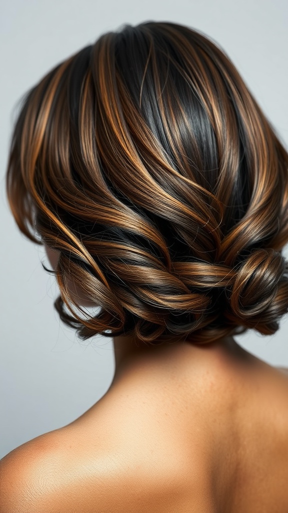 A sleek and shiny curly bob hairstyle featuring dark hair with lighter highlights, styled to create defined curls.