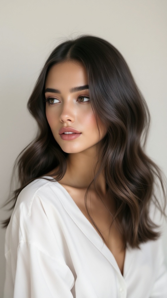 A model with sleek half up half down hairstyle, showcasing soft waves and a polished look.