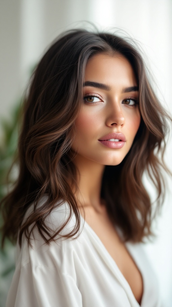 Medium length layered hair styled sleek and straight