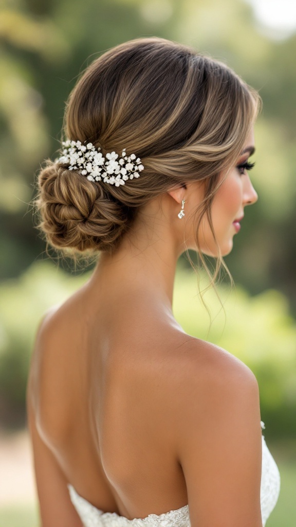 A bride's hairstyle featuring a sleek bun adorned with floral accessories, showcasing a modern and elegant look.