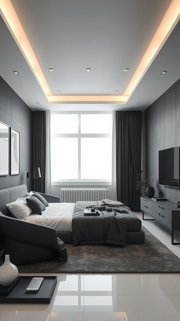 A modern monochrome bedroom featuring a cozy bed, sleek furniture, and warm lighting, creating a stylish atmosphere.