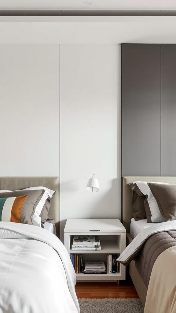 A modern bedroom with two beds and a minimalist nightstand displaying books