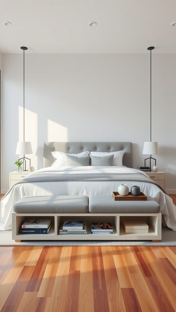 Sleek bench with built-in shelves at the end of a modern bed