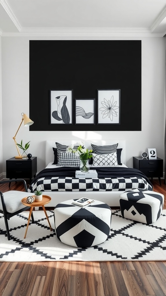 A modern monochrome bedroom featuring a black accent wall, patterned bedding, and geometric decor.