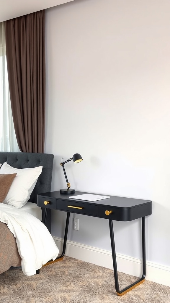 A modern black desk with gold accents next to a bed, featuring a desk lamp and a notepad.