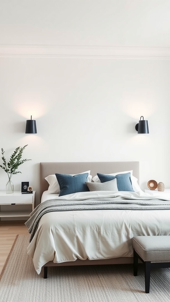 A modern bedroom featuring sleek black sconces on the wall beside a neatly made bed with decorative pillows.