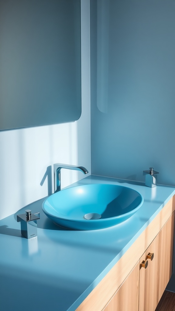 A sleek blue countertop basin with a modern faucet and a clean aesthetic in a bright bathroom