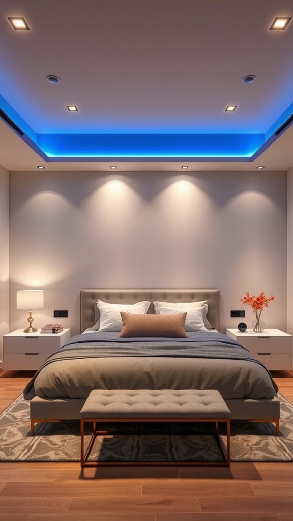 Modern blue bedroom with sleek lighting fixtures and a cozy atmosphere