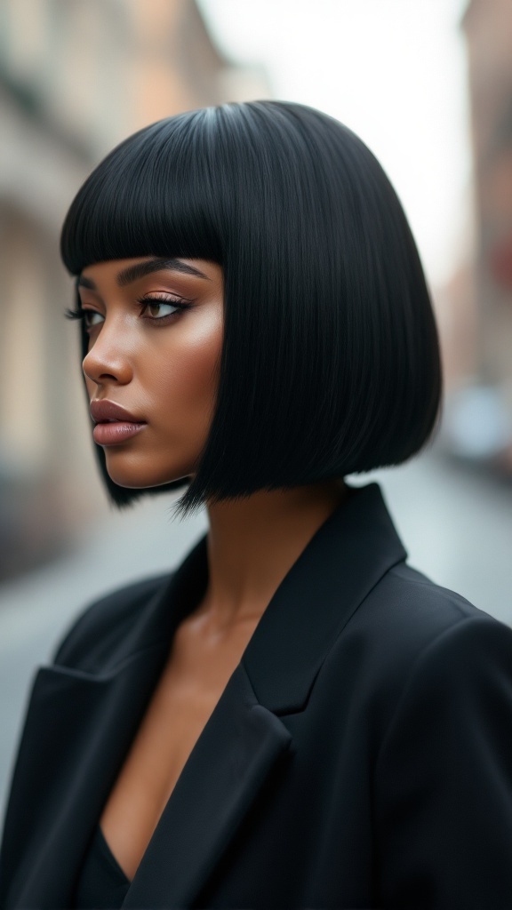 A model with a sleek blunt cut hairstyle featuring straight black hair and bangs, dressed in a black blazer.
