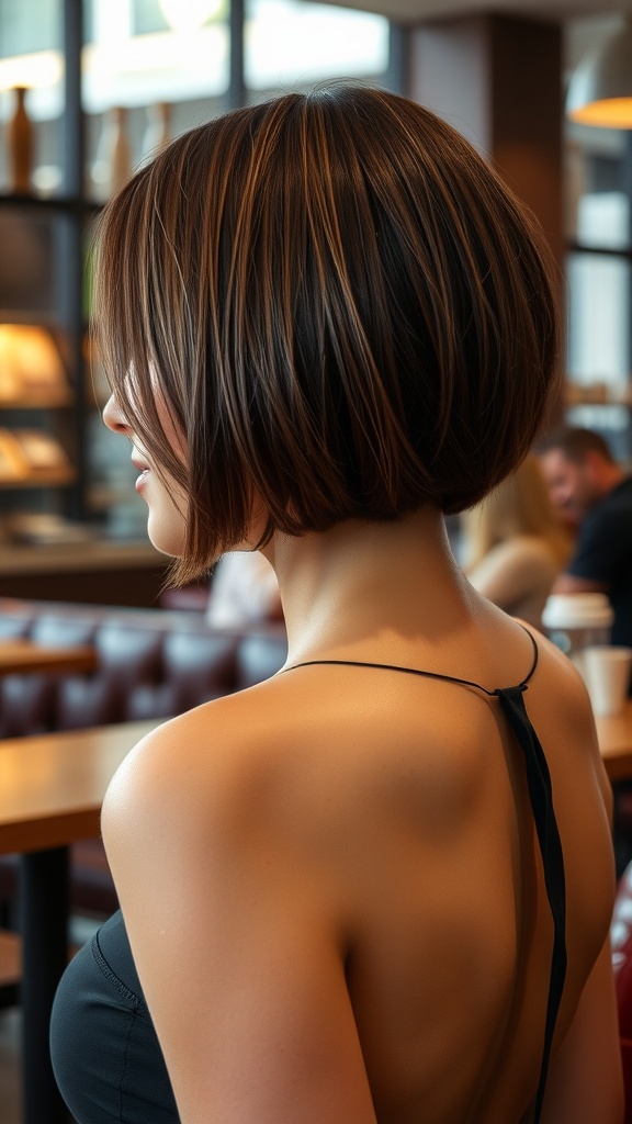 A woman with a sleek bob cut and deep side part, showcasing a modern hairstyle