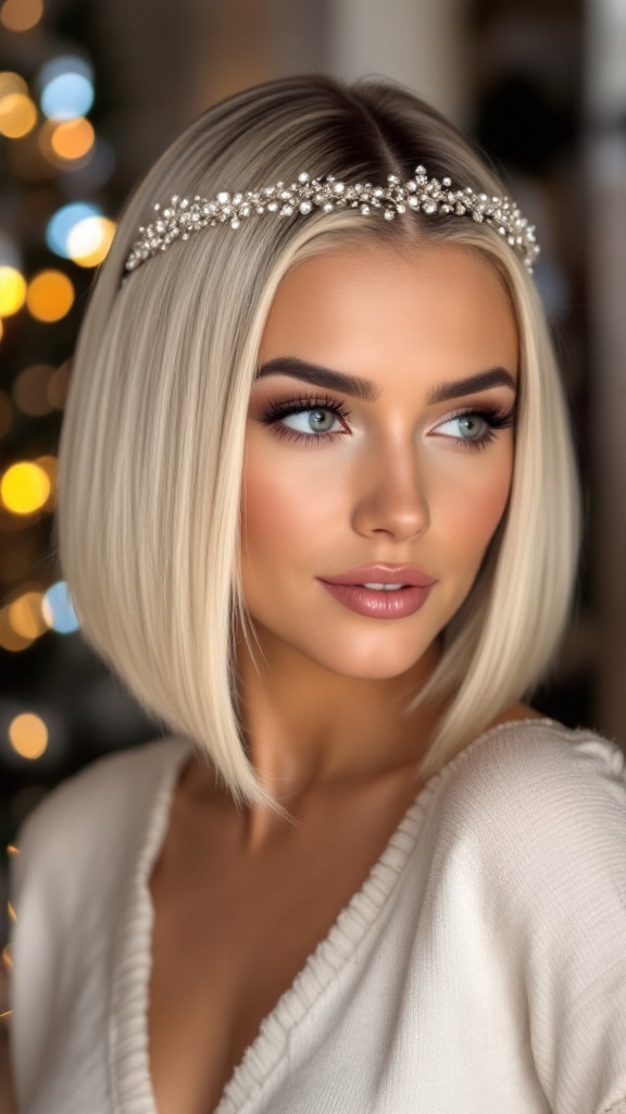 A woman with a sleek blonde bob hairstyle and a glittering headband, set in a cozy living room