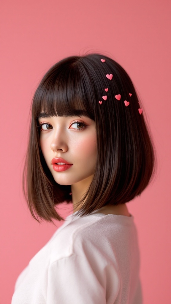 A sleek bob hairstyle decorated with small pink heart accessories, set against a pink background.