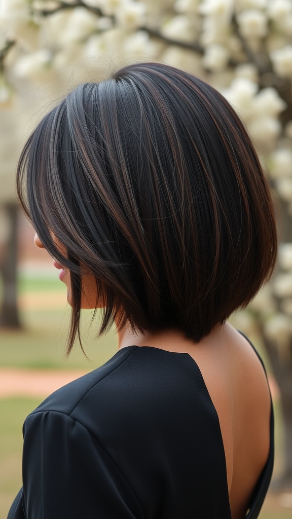 A sleek bob hairstyle with a side part, showcasing smooth, shiny hair against a backdrop of flowers.