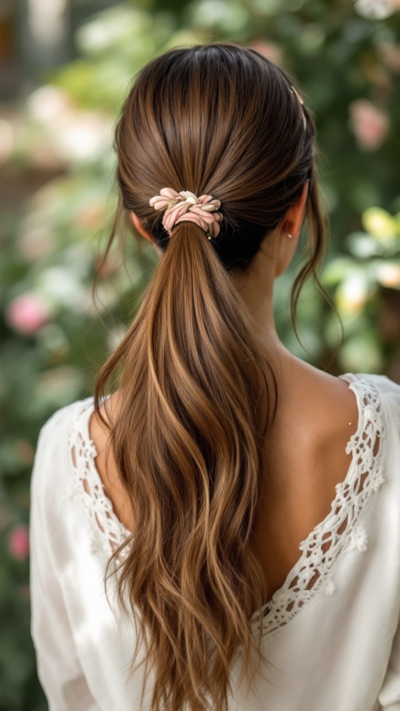 A woman with a sleek bohemian ponytail and a decorative headband, showcasing a casual yet elegant hairstyle.