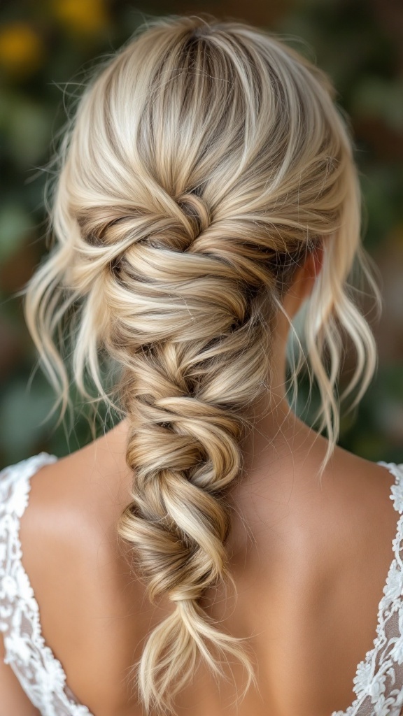 A close-up view of a sleek braid hairstyle with loose strands, perfect for weddings.