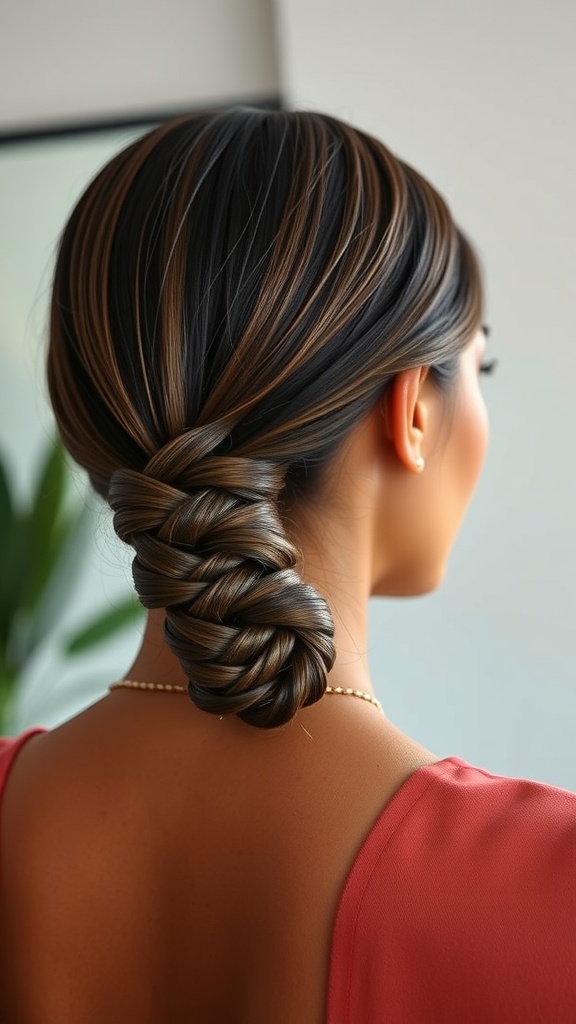 A sleek braided bun hairstyle, showcasing a smooth finish and intricate braiding.