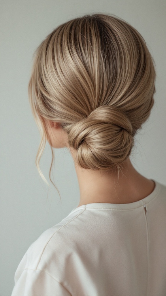 A sleek bun hairstyle featuring neatly twisted hair with soft waves framing the face.