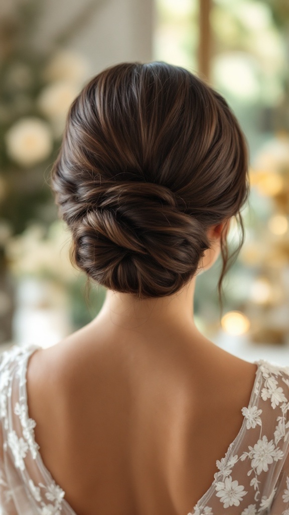 A close-up view of a sleek bun hairstyle, styled elegantly for a wedding, showcasing smooth hair and soft strands framing the neckline.