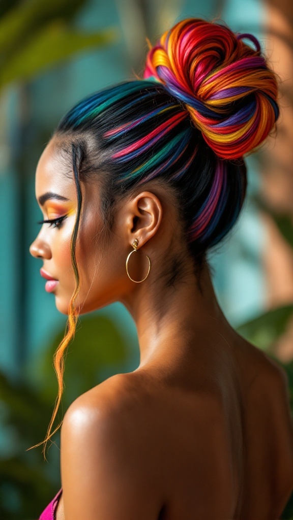 A sleek bun hairstyle with colorful accents on a model.