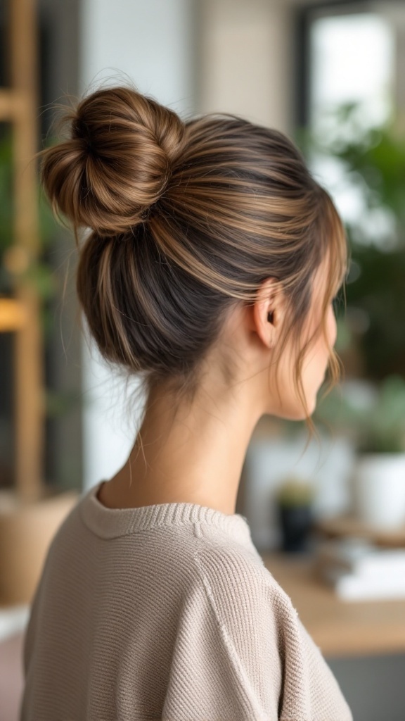 A woman with a sleek bun hairstyle, featuring face-framing pieces, looking stylish.