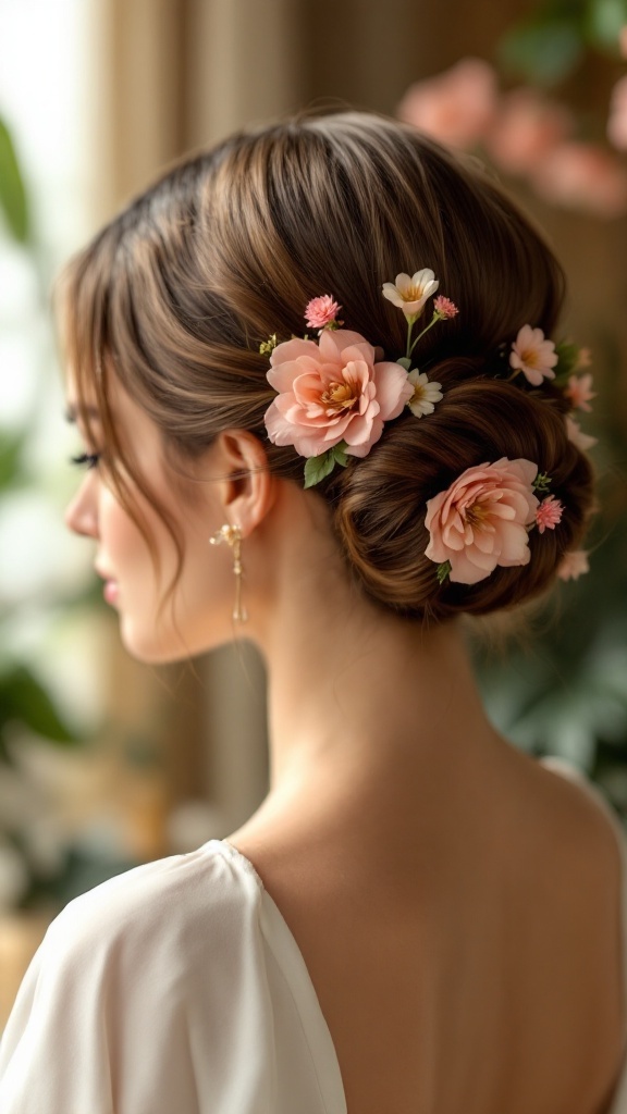 A sleek bun hairstyle adorned with pink flowers, highlighting its elegant design.