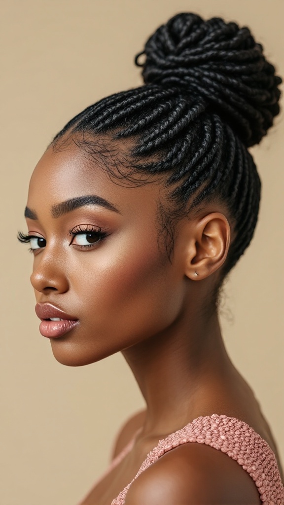 A person showcasing a sleek bun hairstyle with knotless braids.