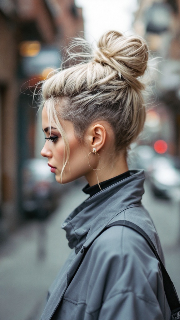 A woman with a sleek bun hairstyle and an undercut, showcasing a modern and stylish look.
