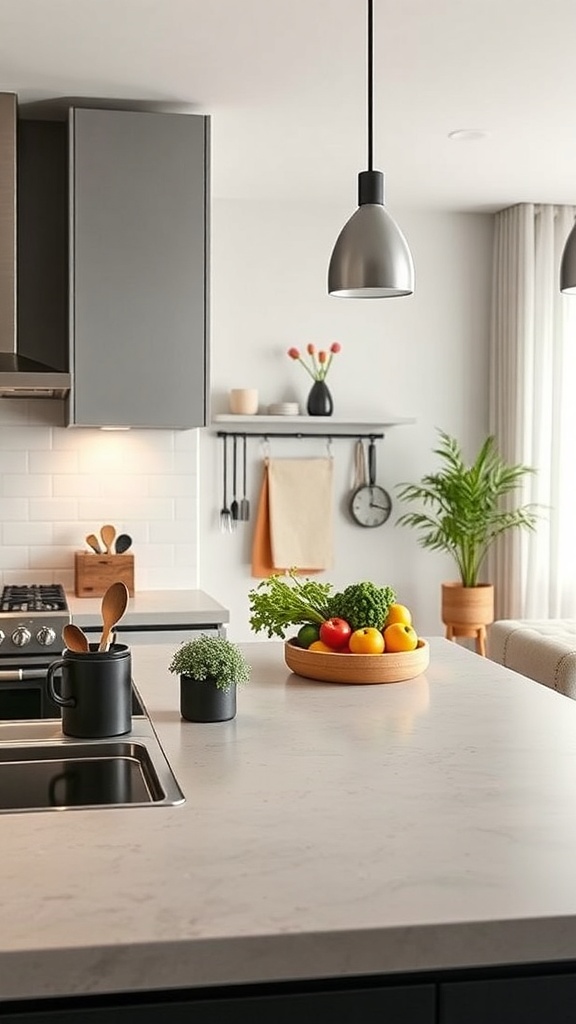 Modern kitchen with sleek concrete countertops and a bowl of fresh fruits and vegetables.