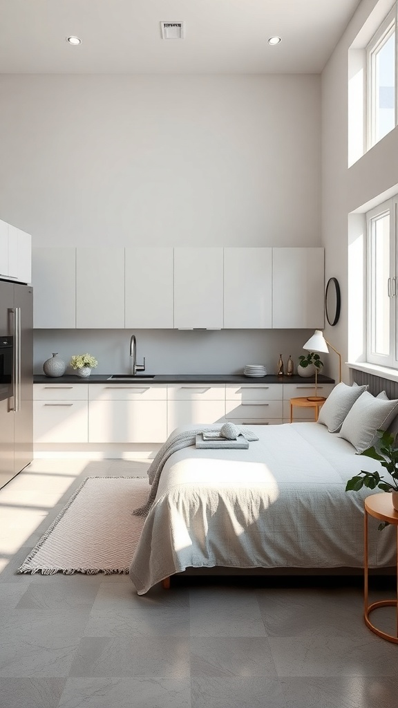 A modern kitchen featuring sleek concrete floors, minimalist cabinetry, and warm accents.