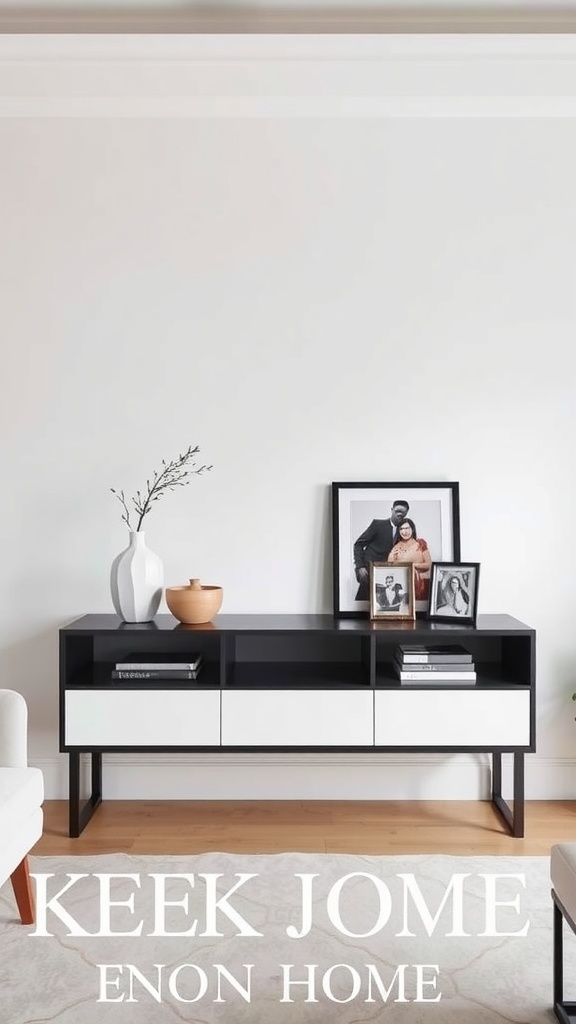 A sleek console table against a wall with decorative items and family photos
