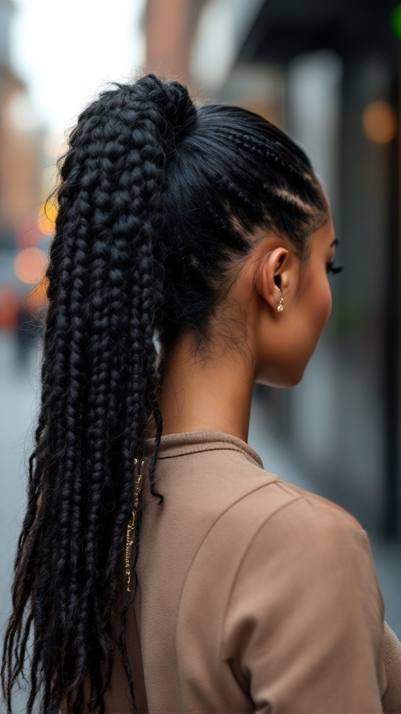 A woman with a sleek crochet ponytail, featuring long braided strands tied back elegantly.