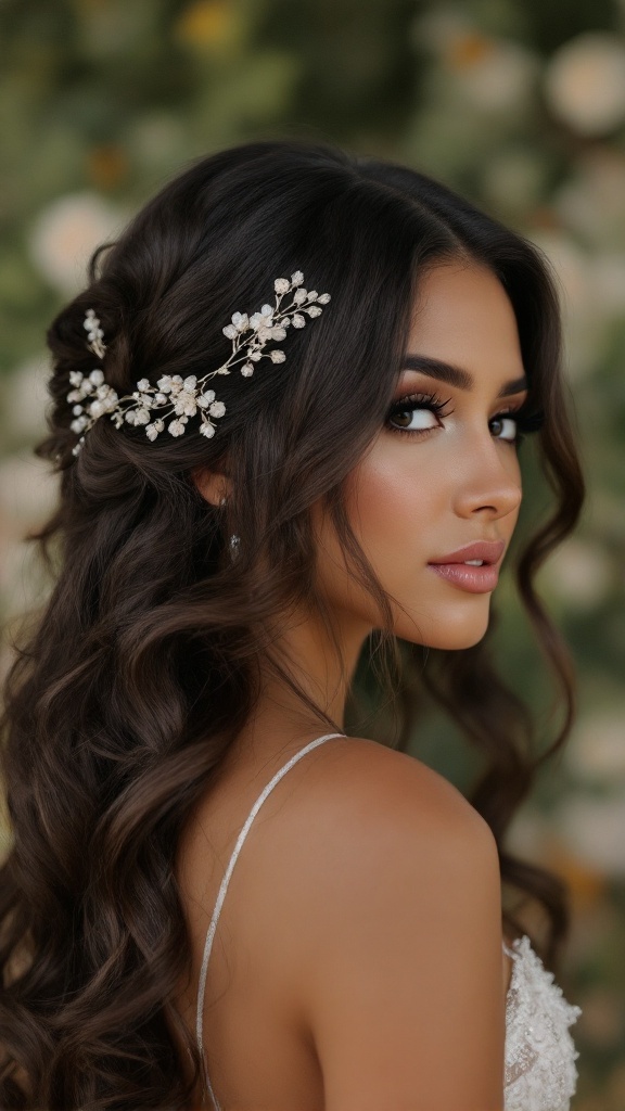 A woman with sleek curls and a bold floral hair accessory, showcasing a stylish hairstyle for an Indian wedding.