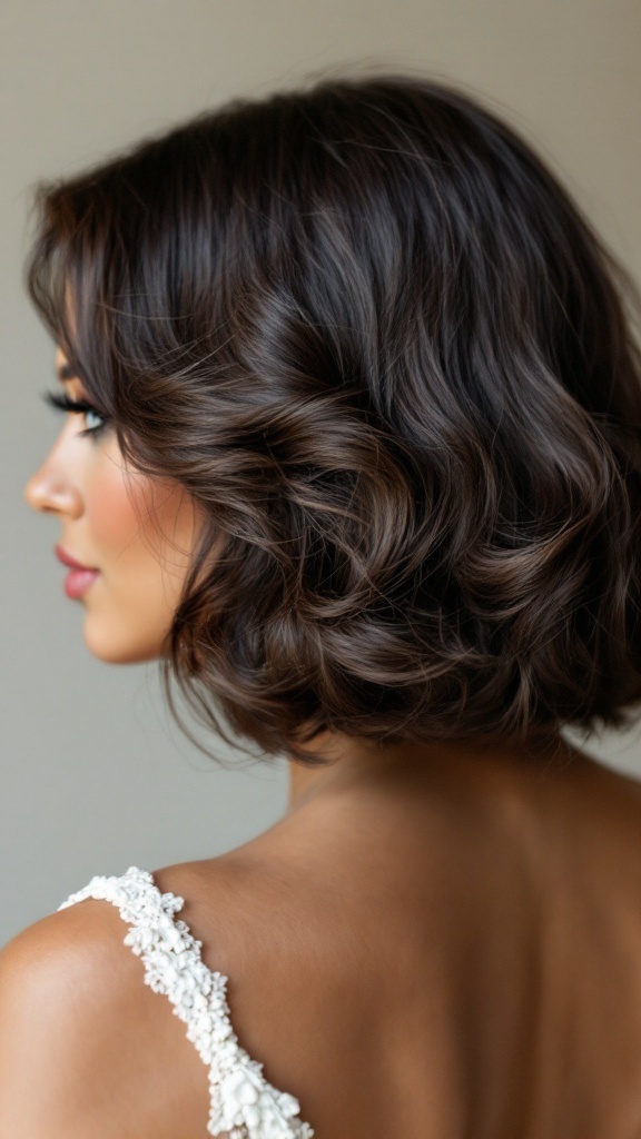 A woman with a sleek curly bob hairstyle, showcasing shiny curls and elegant features, wearing a dress with intricate details.