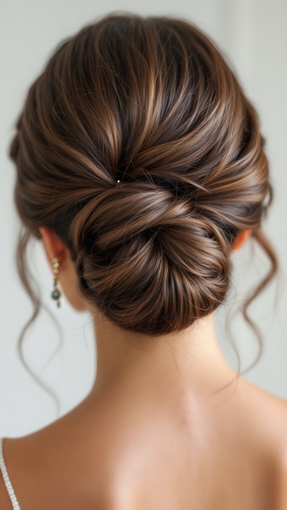A close-up view of a sleek curly chignon hairstyle worn by a bride or bridesmaid.