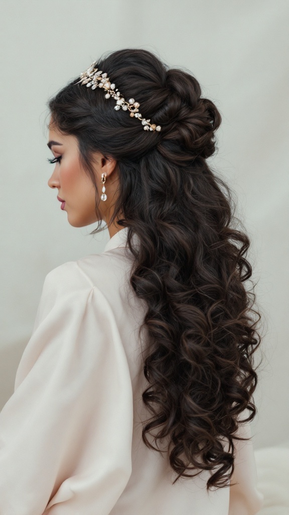 A woman with long, curly hair styled elegantly with a headband.
