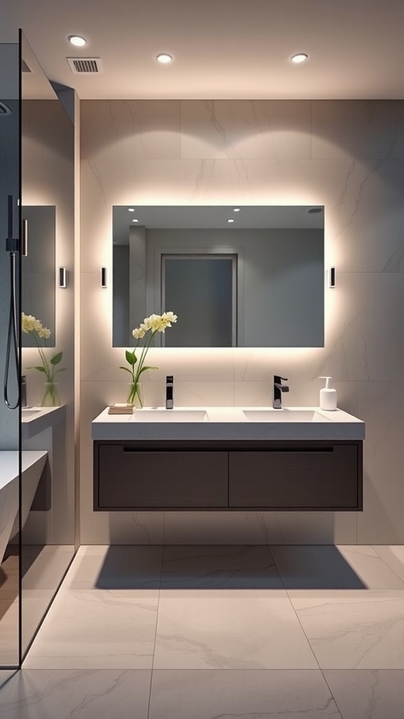 Modern bathroom with sleek floating vanity, minimalist design, and stylish decor