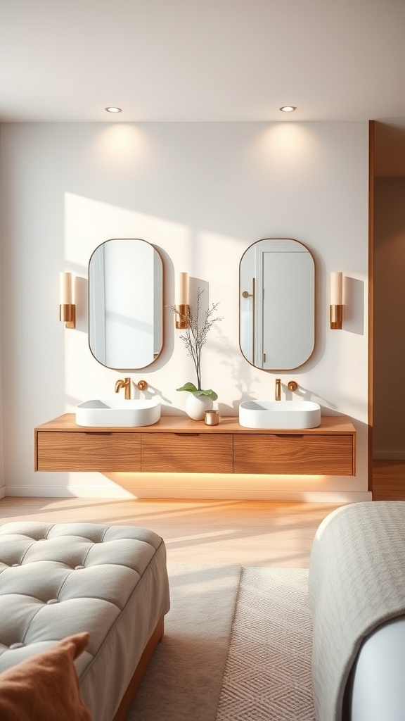 A modern bathroom featuring a sleek floating vanity with dual sinks, gold fixtures, and stylish mirrors.