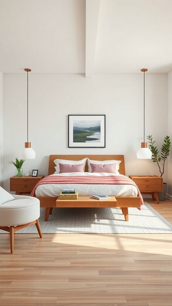 A mid-century modern bedroom featuring a wooden bed frame, nightstands, pendant lights, and a cozy atmosphere.