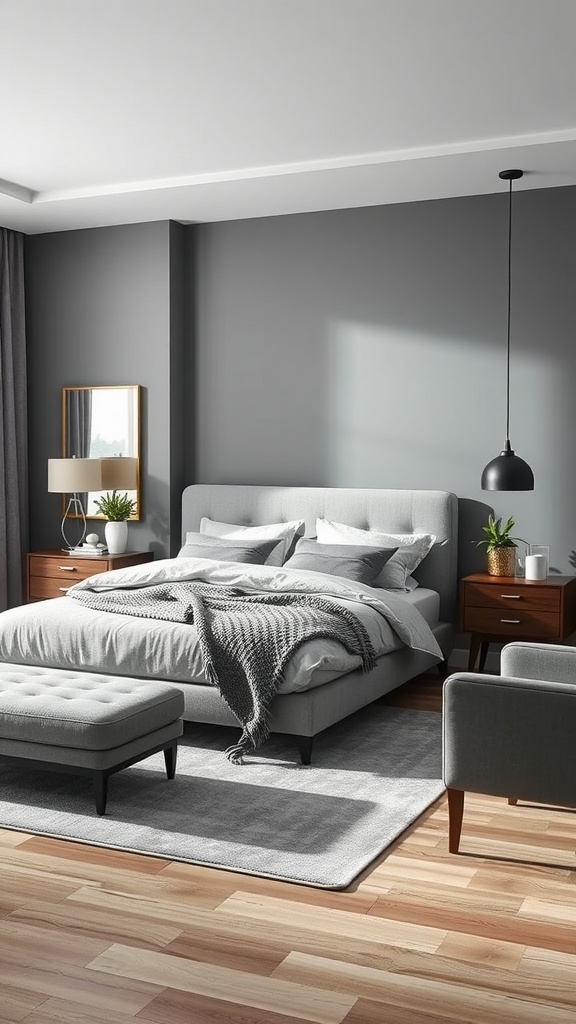 A modern gray bedroom featuring a stylish bed, wooden nightstands, and contemporary decor.