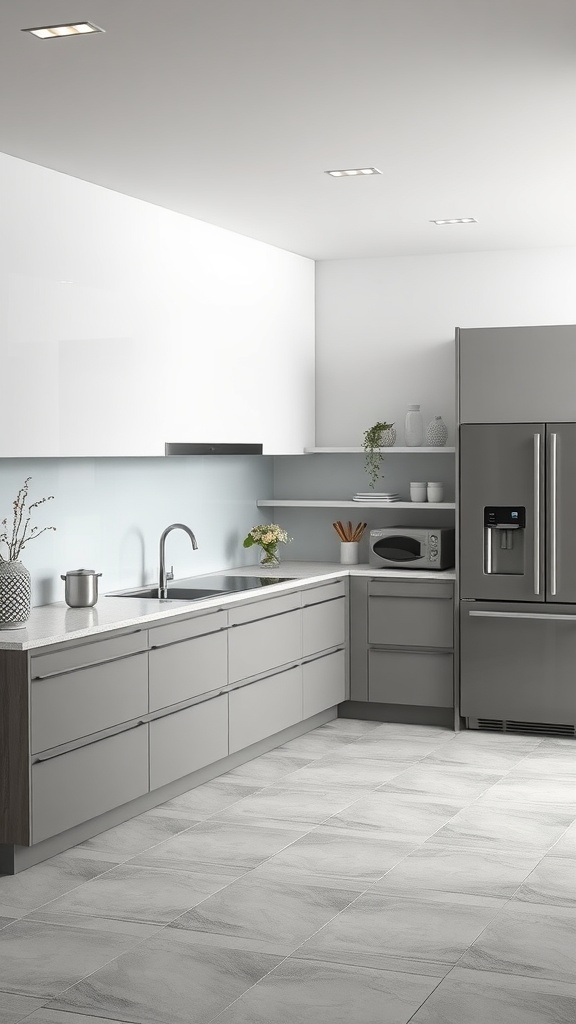Modern grey kitchen with sleek appliances and minimalist design