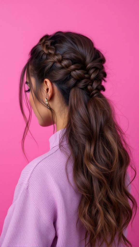 A woman with a sleek half down ponytail featuring braids, showcasing a blend of elegance and casual style against a pink background.
