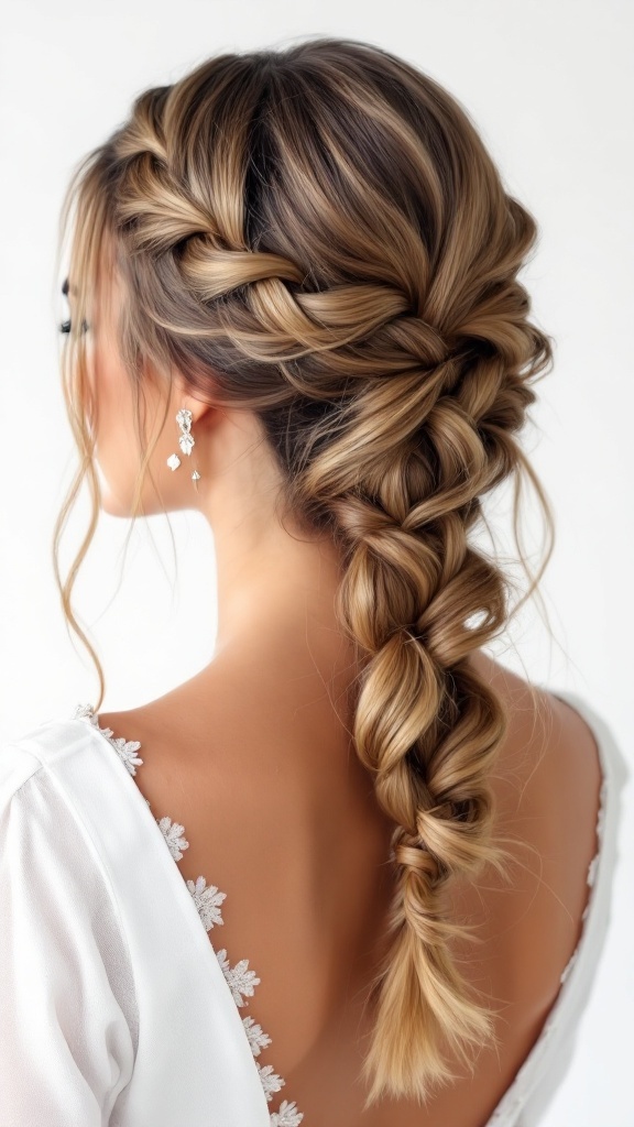 A woman with a sleek half up half down twist braid hairstyle, featuring a braid at the back and twisted sections at the top.