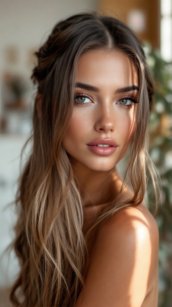 A woman with half up half down hairstyle, featuring straightened ends