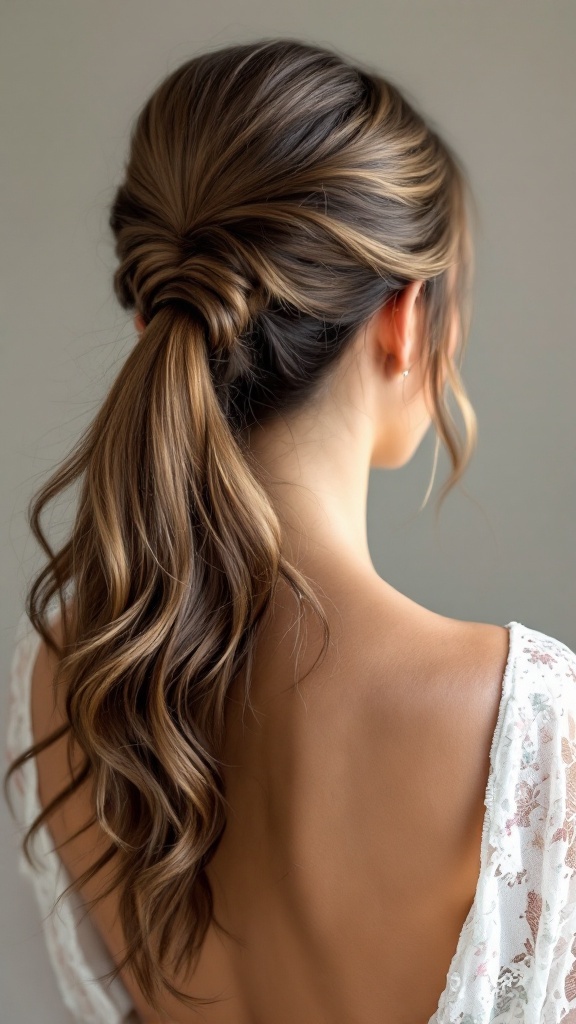 A sleek half up ponytail hairstyle for medium hair, featuring twisted details and flowing locks.