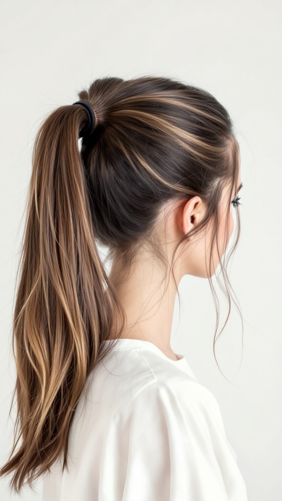Sleek half up ponytail with volume on medium-length hair