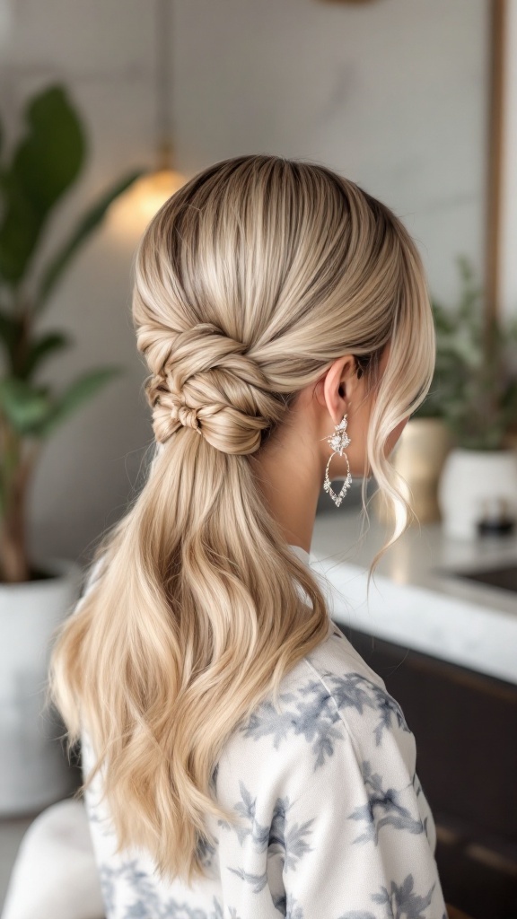 A sleek half up half down hairstyle with a bow, showcasing smooth hair and flowing locks.